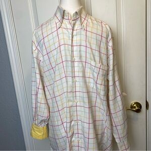 Mens J McGlaughlin 100% cotton 2 ply colorful spring plaid shirt gingham cuff L